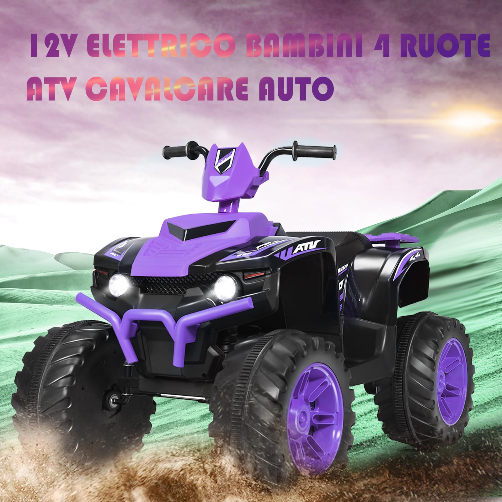 RELAX4LIFE 12V Quad Fuoristrada Elettrica Cavalcabile da Spiaggia per Bambini, Avvio Graduale a Trazione Posteriore, 2 Velocità e Direzione Avanti/Indietro, Funzione FM e Bluetooth (Viola)