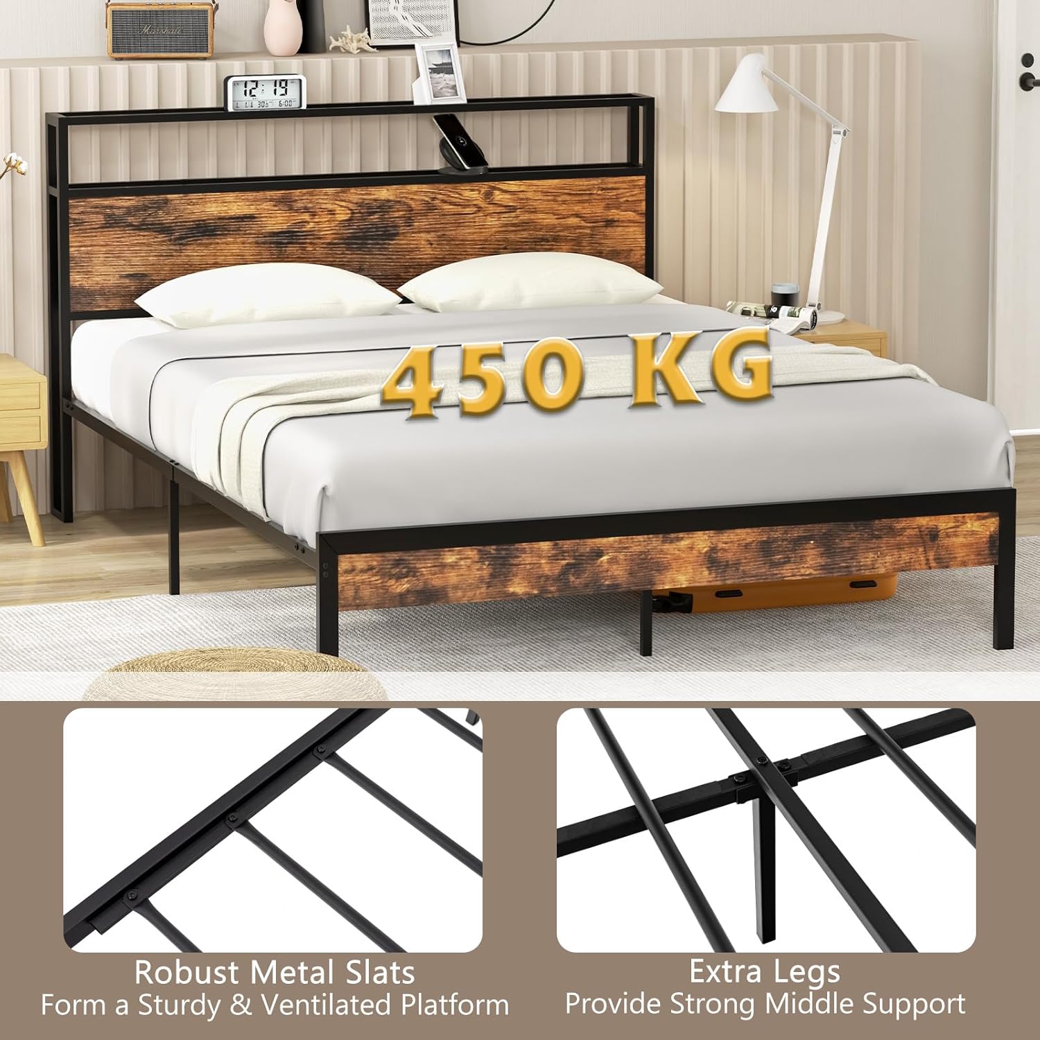 DORTALA Industrial Queen Bed Frame with Storage Headboard & Charging Station, Heavy-Duty Metal Platform Bed with 18W USB C Port, Noise-Free Mattress Foundation, No Box Spring Needed, Rustic Brown