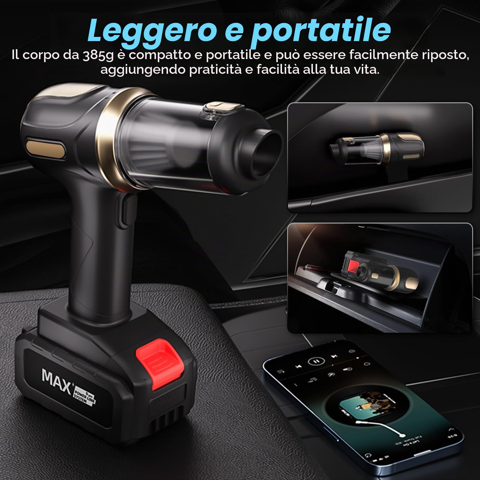 D-Lumina Aspirapolvere per Auto, Mini Aspirapolvere Portatile, Aspirabriciole Senza Fili Potente 22000PA, Sistema a Doppia Filtrazione,Adatto per la Pulizia Profonda di Auto e Case