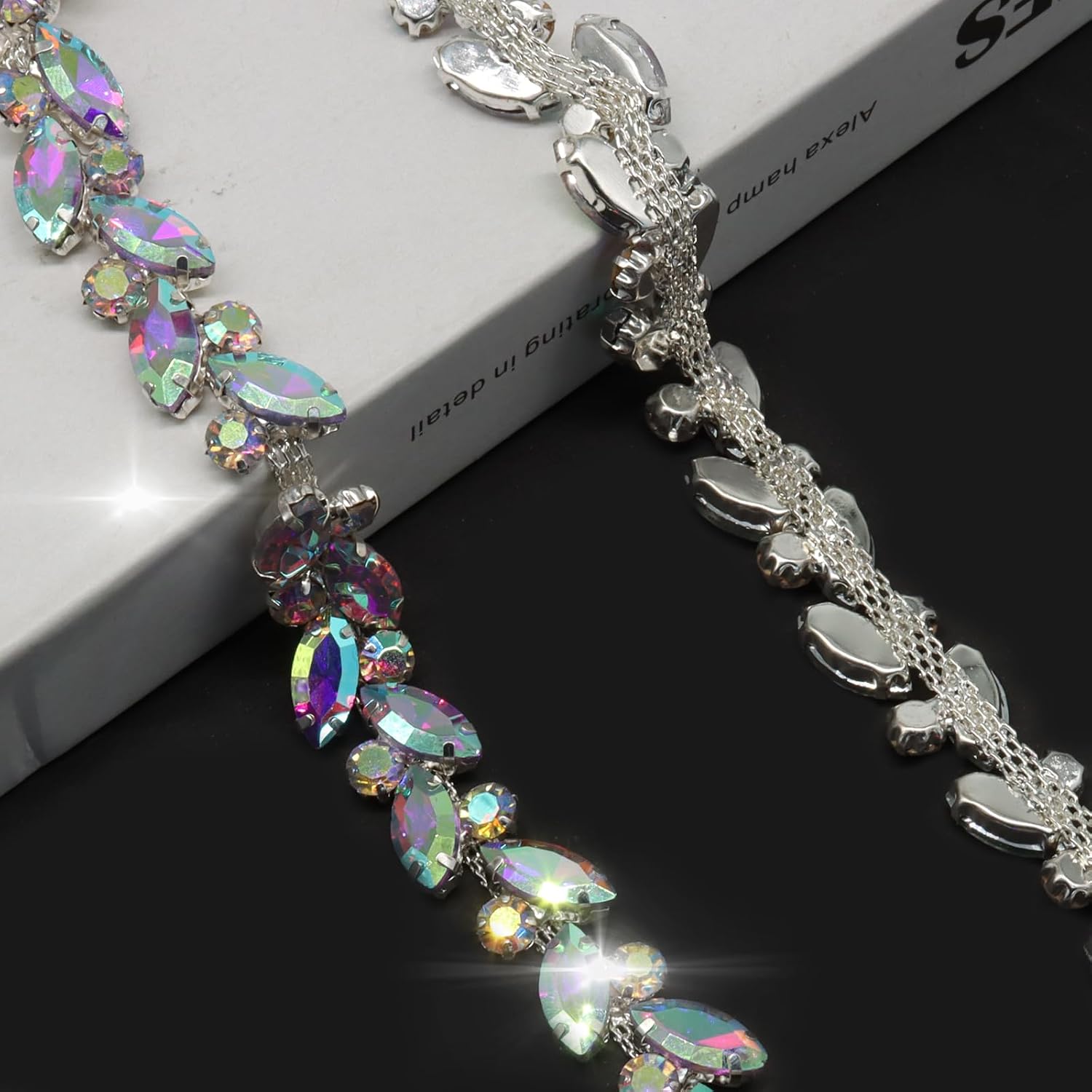 Luomorgo 3 Yards Rhinestone Trim Chain, 0.59 Inch Wide Sparkly Clear Crystal Chain for Sewing, Crafts, Bridal Dress Decoration, DIY Jewelry Making, Party Decor (Silver AB)