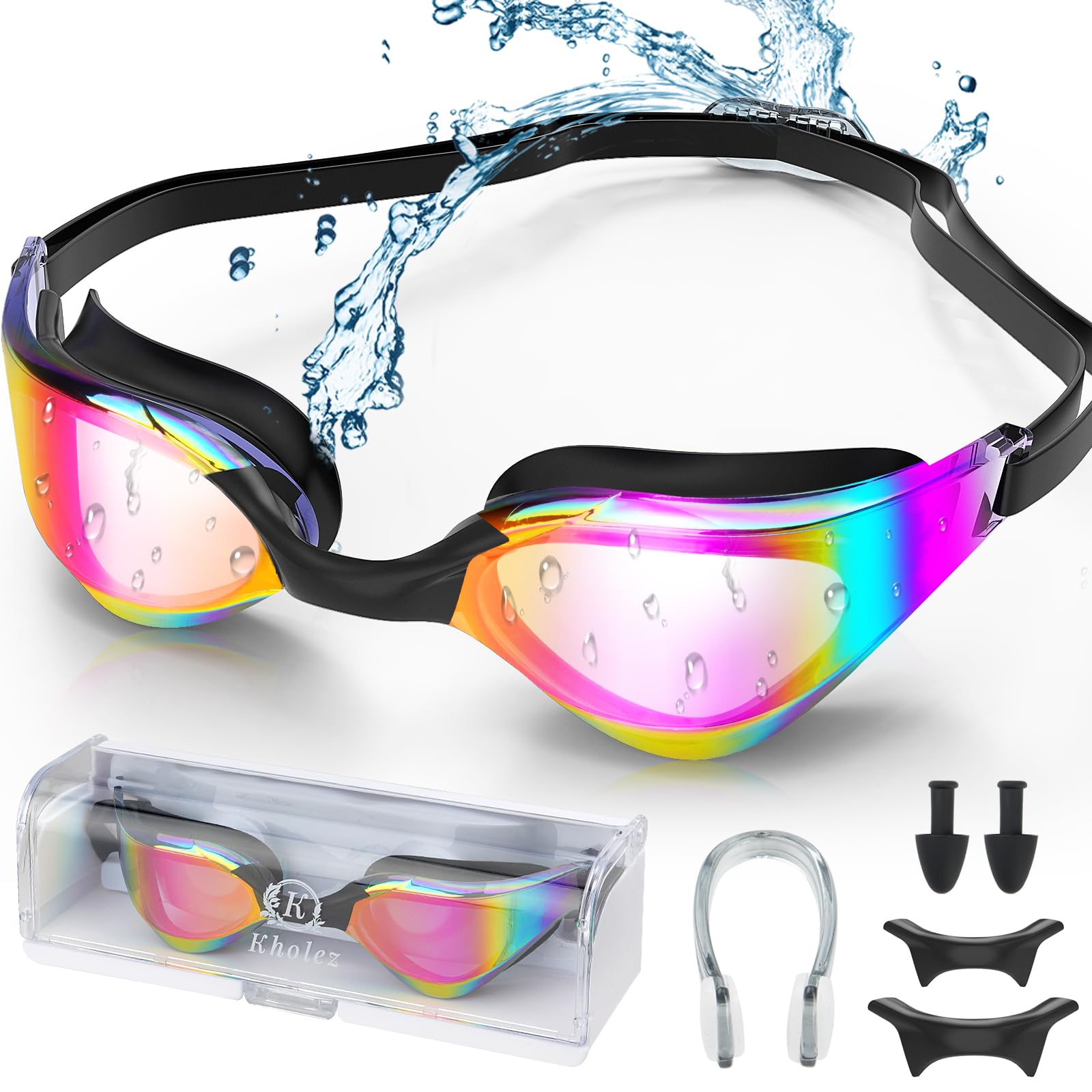 KHOLEZ Gafas de natación unisex con pinzas para la nariz, tapones para los oídos