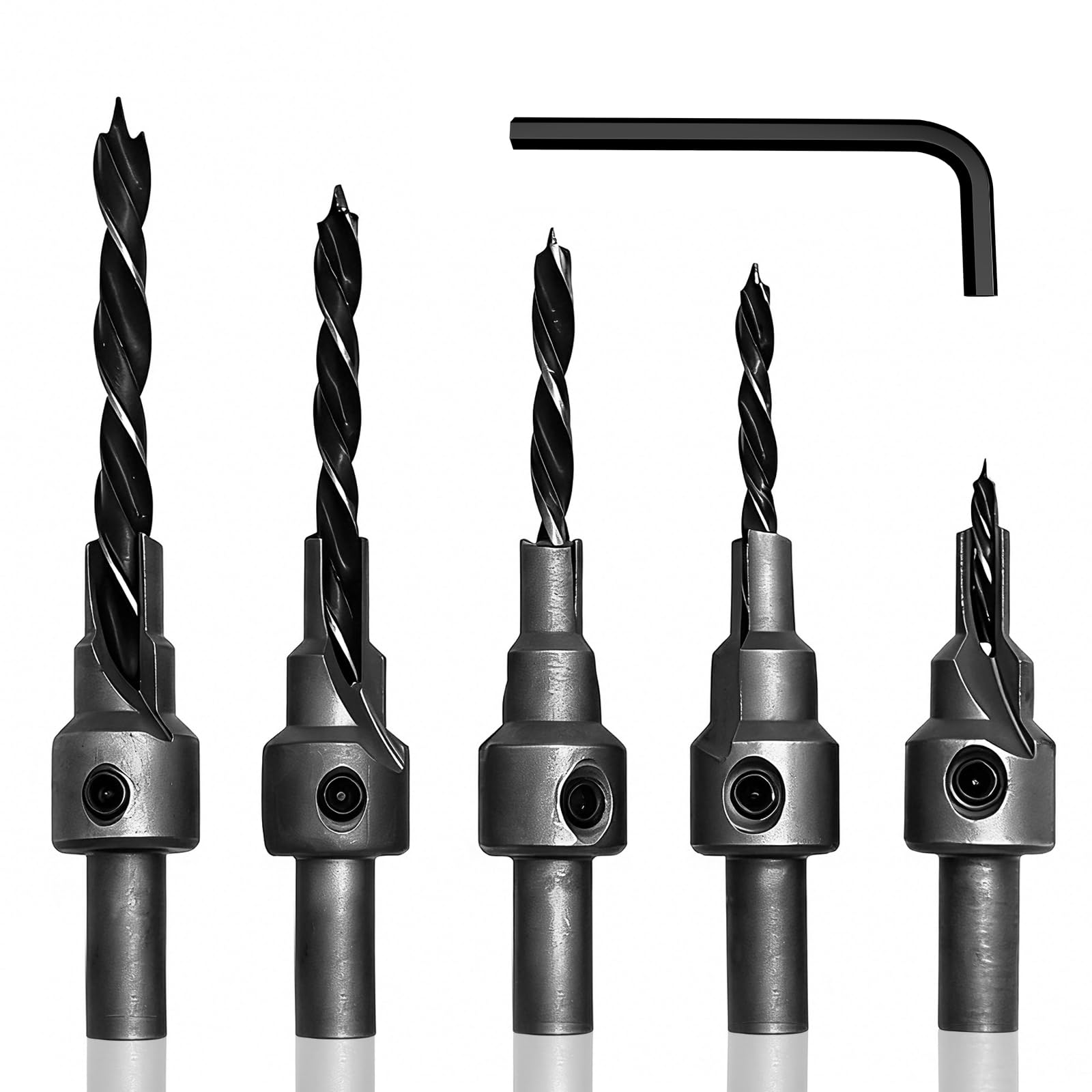 Juego de 5 brocas avellanadas con avellanador 3, 4, 5 y 6 mm, juego de brocas avellanadoras para madera, madera con tope de profundidad, avellanador cónico para madera, plástico