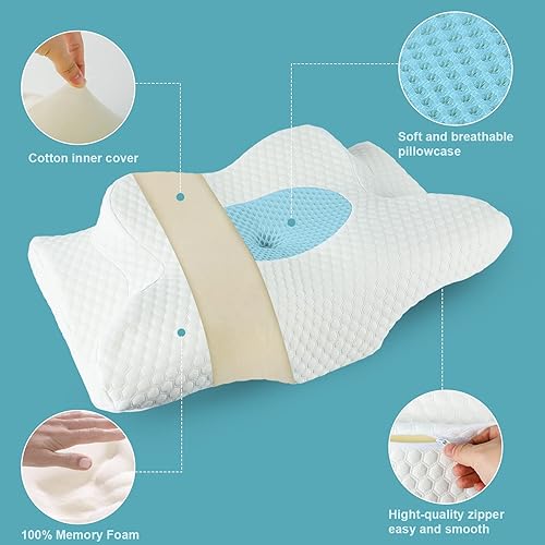 Miniatura 5 de EORYNOL Almohada cervical para aliviar el dolor de cuello, almohadas de espuma viscoelástica de contorno para dormir, almohada ergonómica con funda