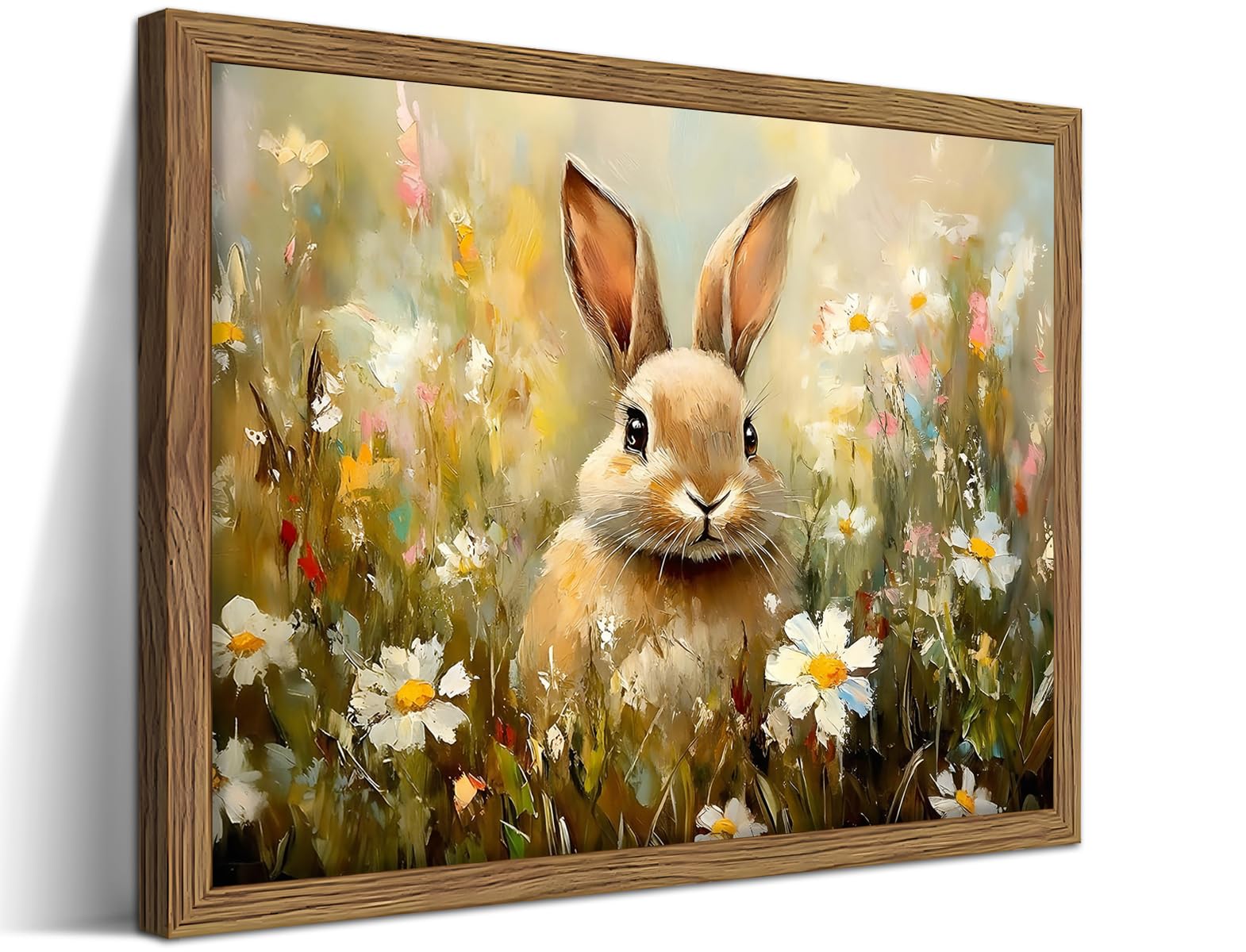 Vintage Easter Bunny Wall Art, Rustic Farmhouse Animal Flower Canvas Wall Decor Painting, Spring Easter Rabbit Artwork Prints Pictures for Bedroom Living Room 8x10 Inch Wood Framed