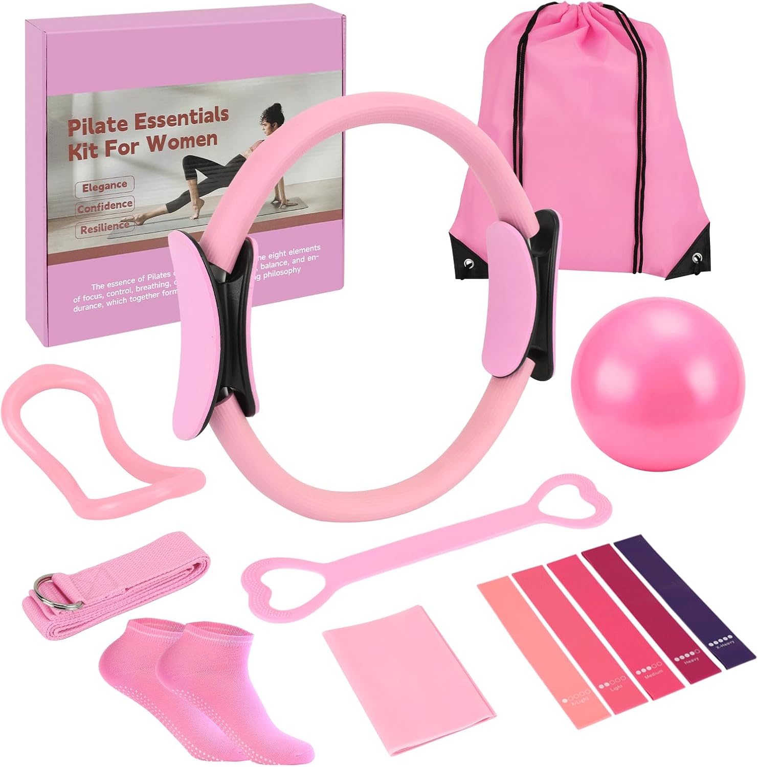 Home Pilates Essentials Kit for Women, Pilates Equipment Ring and Ball Set, 12” Magic Circle, Yoga Ball,8 Resistance Bands Premium Accessories Kits for Starter Toning Workouts at Home (Pink)