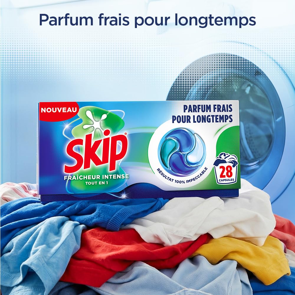 Skip - Capsules Lessive, Tout en 1, Fraîcheur Intense, 4x28 Lavages | Élimine les taches dès le premier lavage, efficace en cycle court et à froid, parfum longue durée, 112 capsules