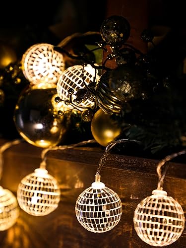 Vista 42 de BBTO Tira de luces LED de bola de discoteca con pilas, adornos para exteriores, patio, porche, 70, 80, suministros de fiesta de discoteca