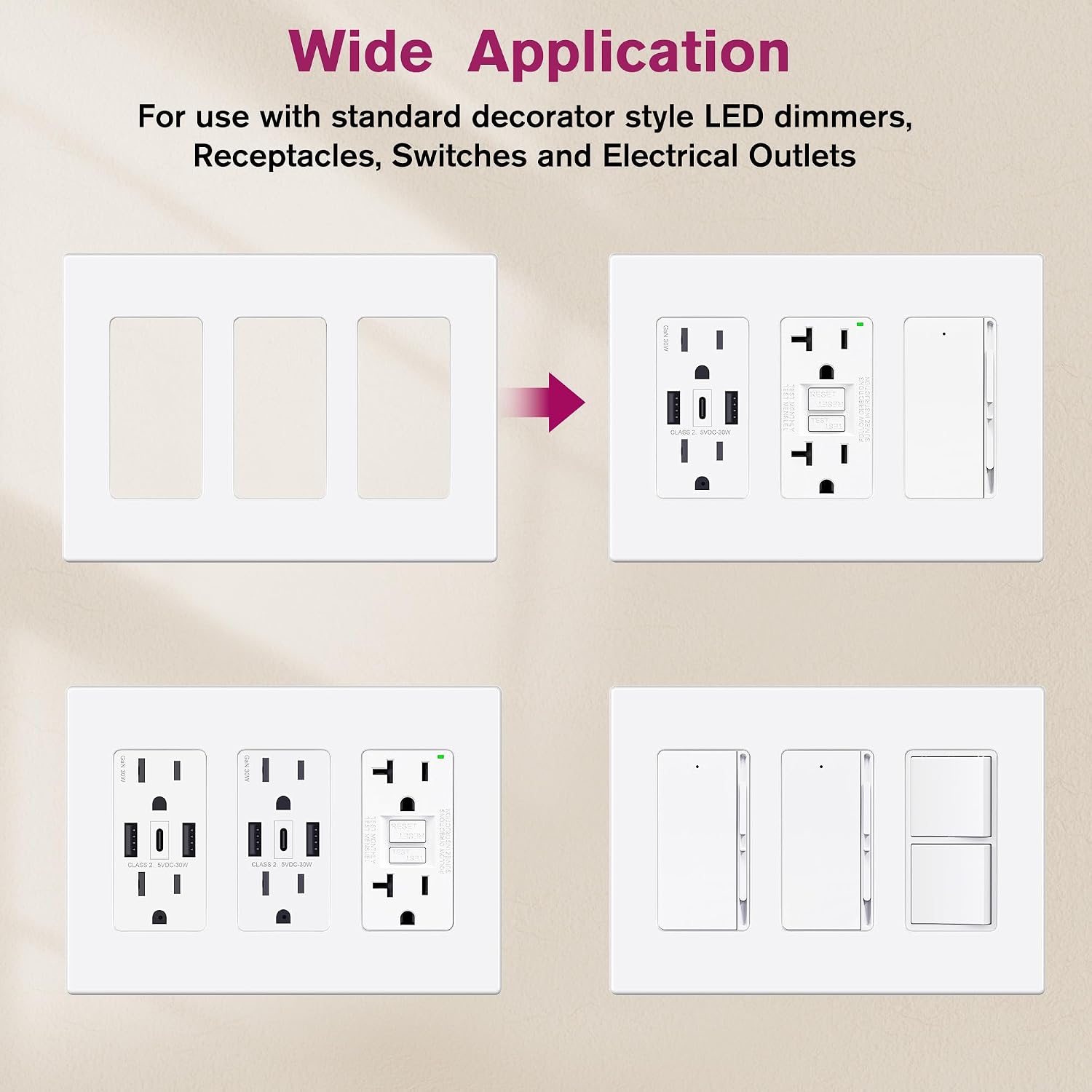 3-Gang Screwless Wall Plate Cover for Outlet & Light Switch 4.53"H x 6.38"W image 5
