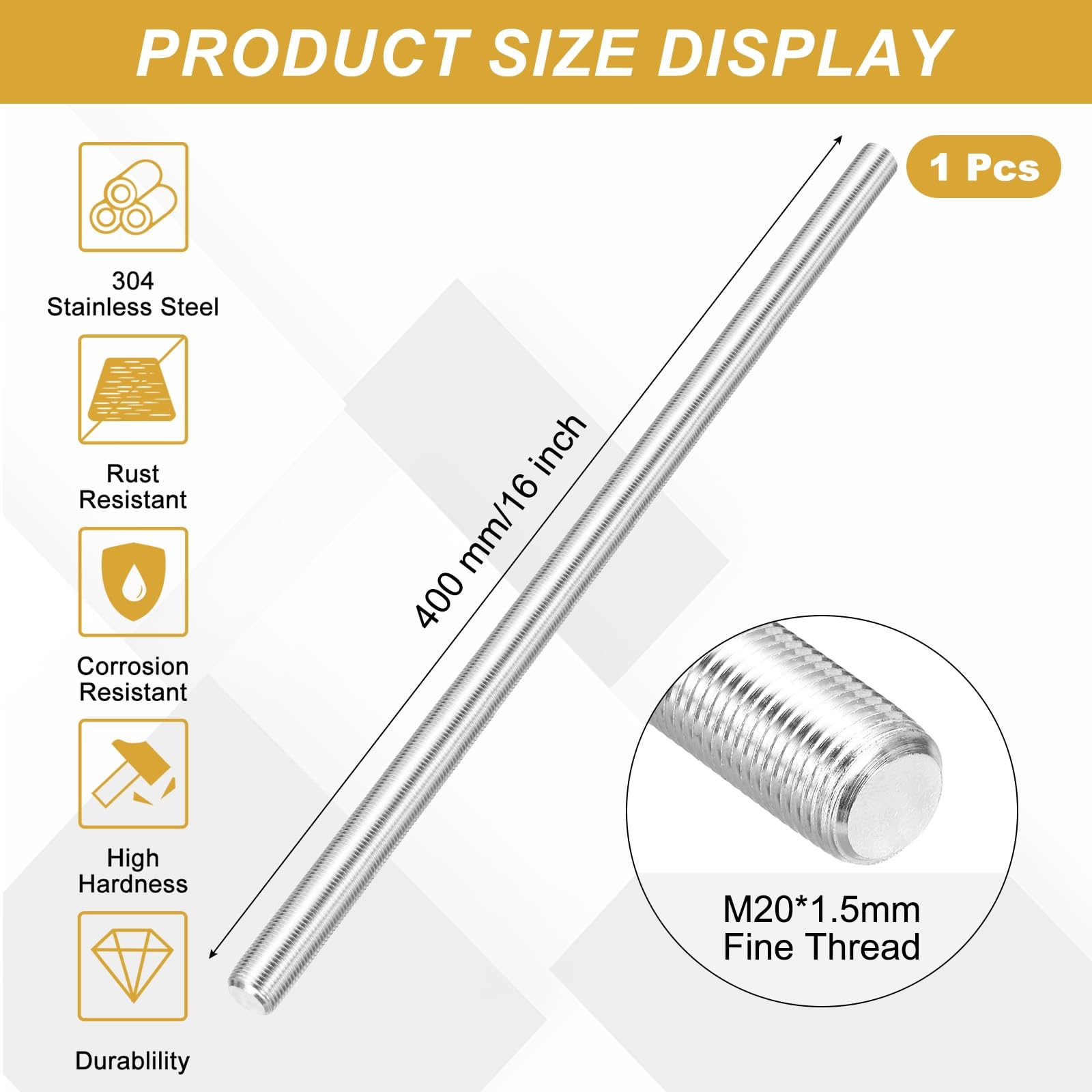 QUARKZMAN Barra Filettata Completa, M20 Passo 1.5mm 304 Acciaio