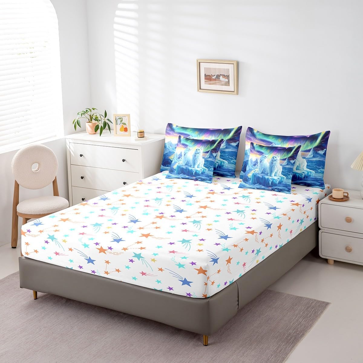 7 Pieces Queen Size Kawaii Cat Comforter Set,Starry Sky North Pole Lights Dreamy Bedding Set for Boys Girls,Cute Animals Pets Rustic (Comforter+Fitted+Flat Sheet+2 Pillowcases+2 Throw Pillow Covers)