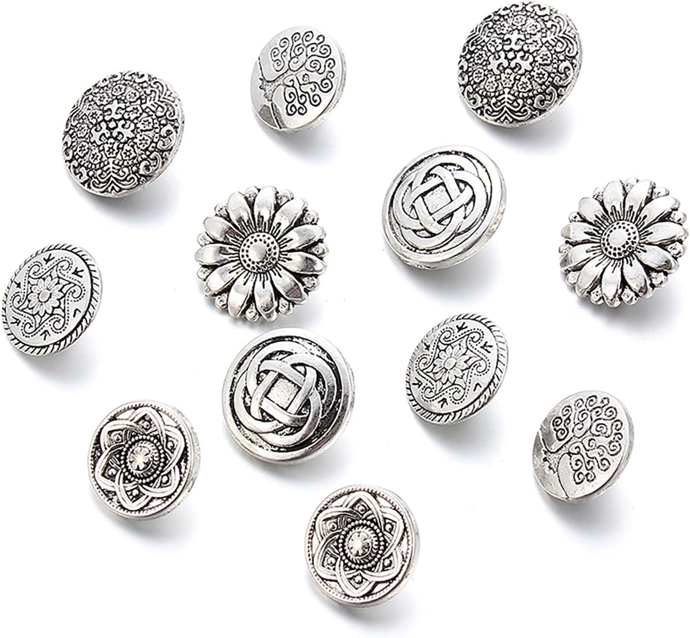 5pcs Antique Silver Round Metal Buttons Vintage Jewelry Accessory with Tree of Life & Flower Carvings image 4