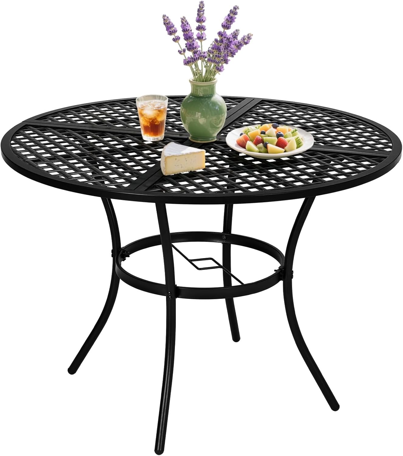 VINGLI 42" Round Metal Patio Dining Table with Umbrella Hole - Rust-Resistant Iron Outdoor Garden Table for 4-6, Black