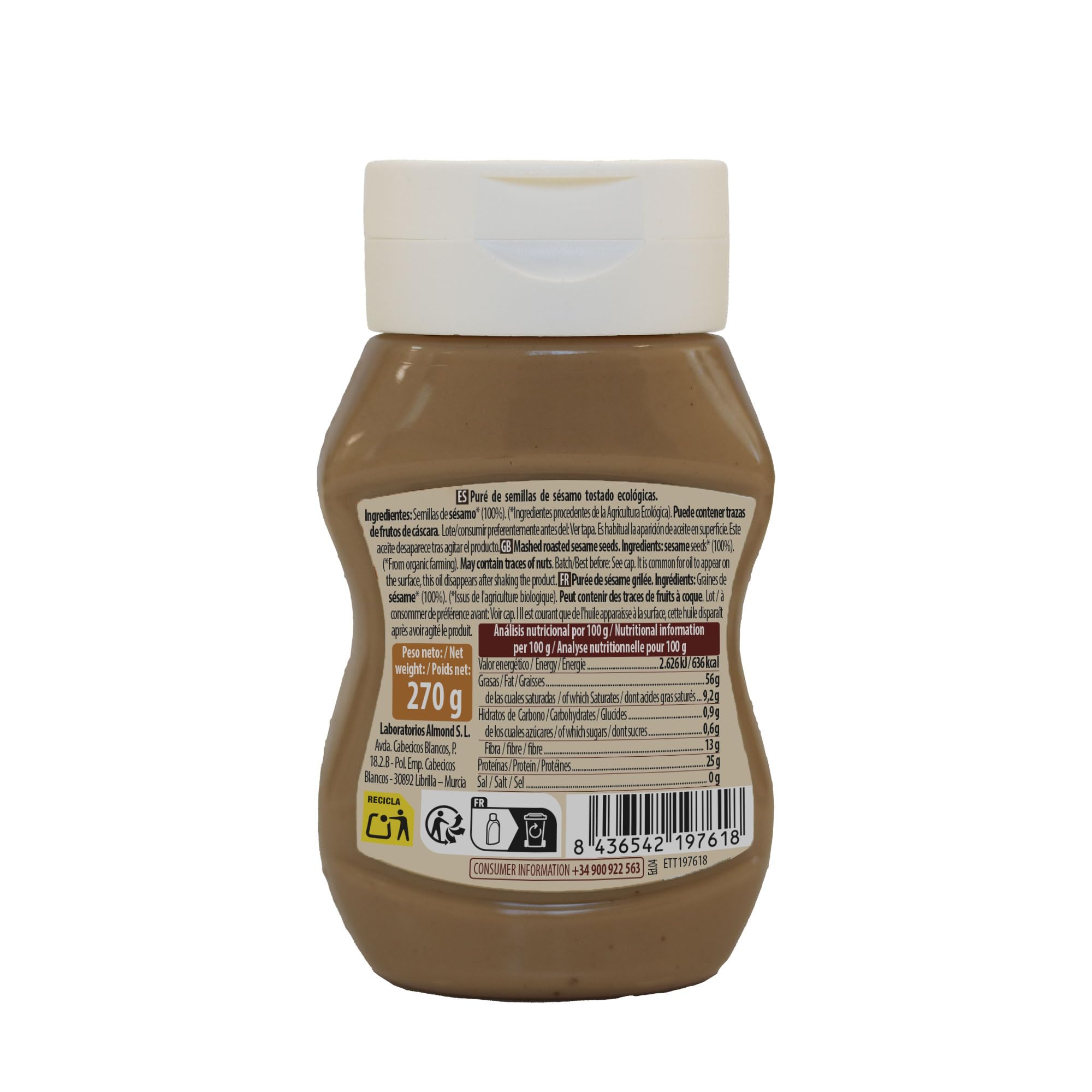 NaturGreen - Tahini Suave Integral Bio, 270 g, Tapón Antigoteo, Puré de Sésamo 100% Ecológico, Textura Cremosa, Rico en Fibra, Sin Gluten ni Azúcares, Fuente de Proteínas, Recetas Saludables