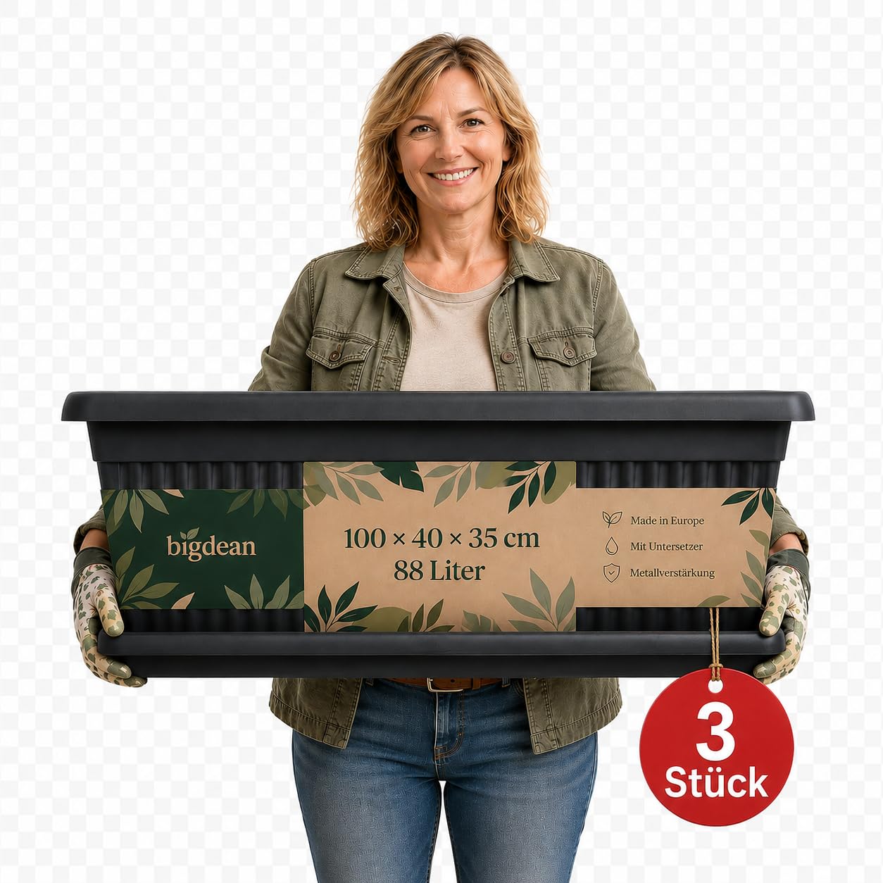 BigDean 3 Stück XXXL Blumenkübel 100×40×35cm 88 L Blumenkasten Blumentopf | Mediterranes Design, Lieferung inkl. Untersetzer, Farbe: Anthrazit, Pflanzkübel, XXXL, Extra-Groß, Pflanztopf