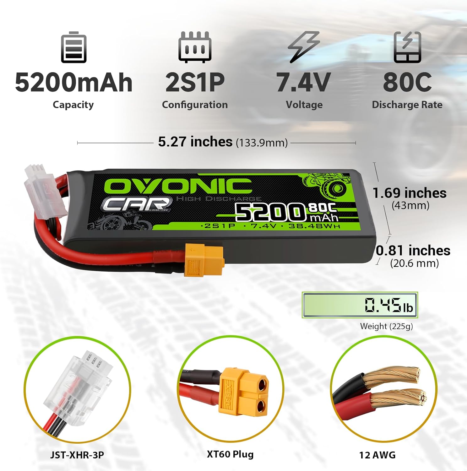 OVONIC Lipo Battery 2S 5200mAh Battery 7.4V 80C with XT60 Plug Soft Case for 1/8 1/10 RC Vehicles Car Slash Buggy Truggy Airplane UAV Drone(2 Packs)(with Lipo Voltage Checker)