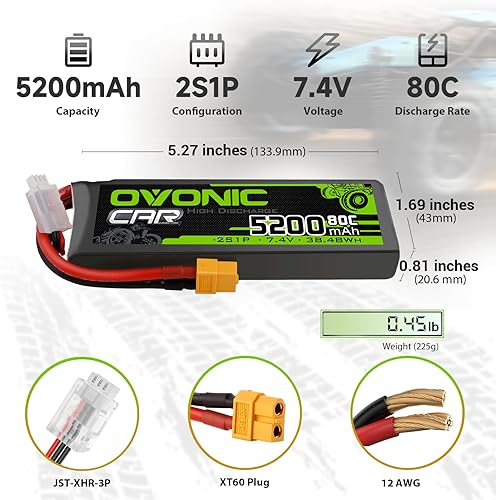 Miniatura 3 de OVONIC Lipo Battery 2S 5200mAh Batería 7.4V 80C Batería con enchufe XT60 Estuche rígido para vehículos RC 18 110 Car Slash RC Buggy Truggy RC Avión