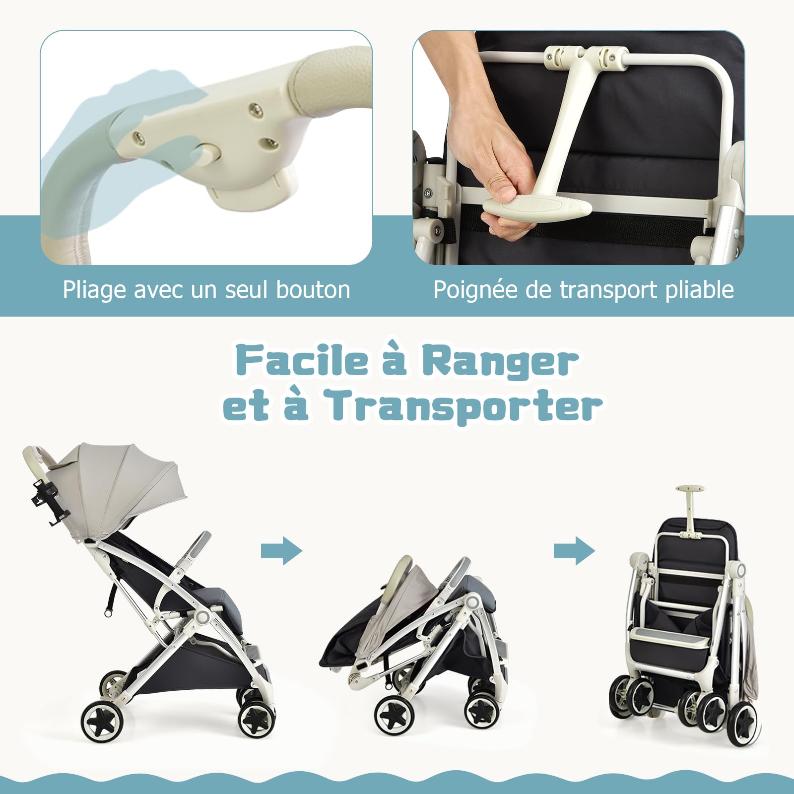 DREAMADE Poussette Légère Compact à 15 KG avec Dossier&Auvent&Repose-pieds Réglables,Poussette Canne Pliante Bébé 0-3 Ans avec Moustiquaires&Roues Verrouillables (Gris)
