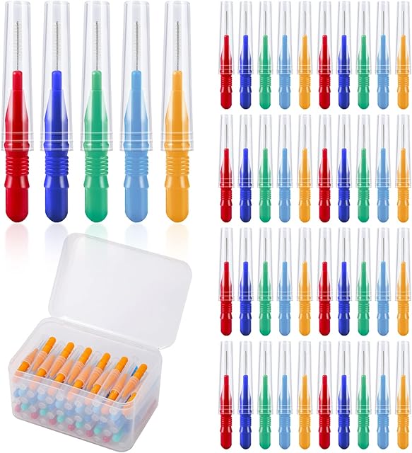 Annhua 50 Pieces Interdental Brushes, Tooth Cleaning Tool with Storage Box (Orange, Dark Blue, Red, Green, Light Blue)