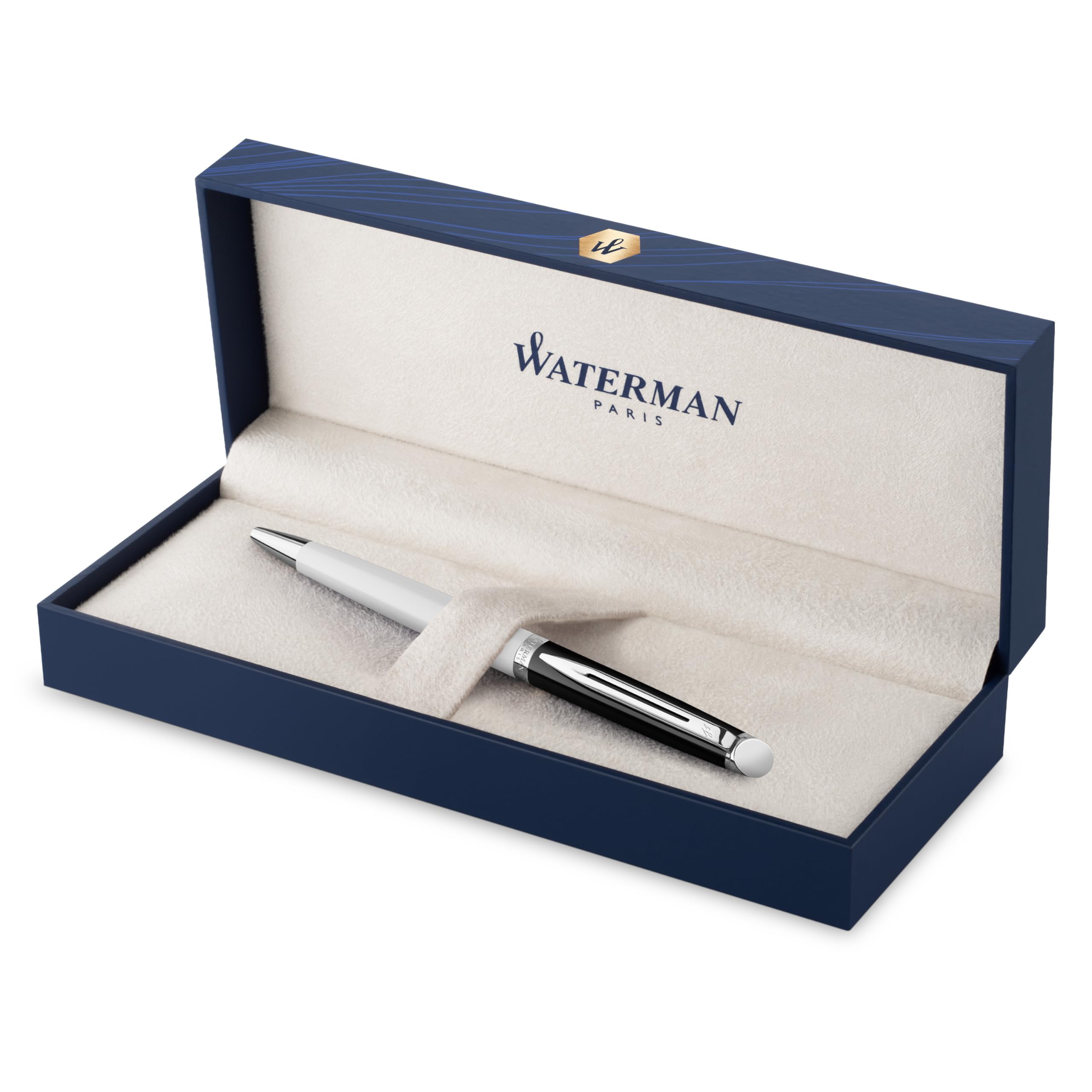 Waterman Hémisphère Ballpoint Pen | Black & White Lacquer with Palladium Coated Trim | Medium Point | Blue Ink | Gift Box