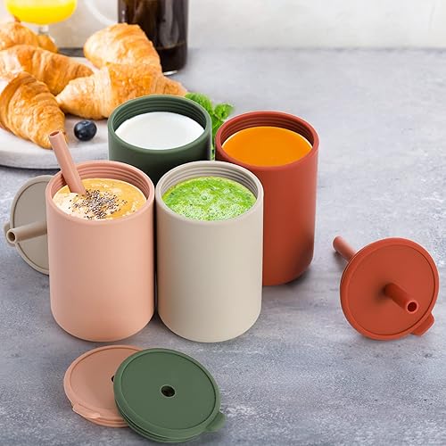 Miniatura 6 de Okllen Juego de 4 tazas de silicona para niños 54 onzas taza de entrenamiento para niños con pajitas y labios taza de silicona para beber para bebé