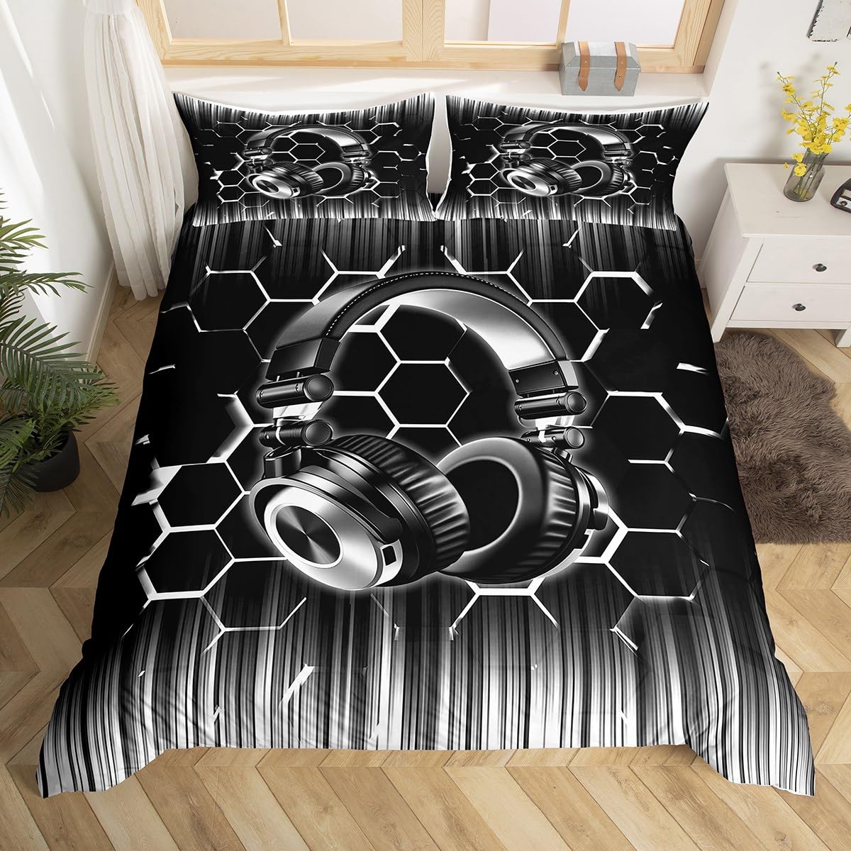 Grey Headset Kids Duvet Cover Set Super King Size, Abstract Ombre Honeycomb Bedding Set for Boys Girls Adults Bedroom Decor, Modern Geometric Comforter Cover, Headphones Quilt Cover, 2 Pillowcases