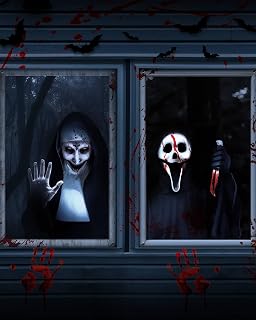 2pcs Halloween Window Cover Decor, Scary Ghost Curtain Outdoor