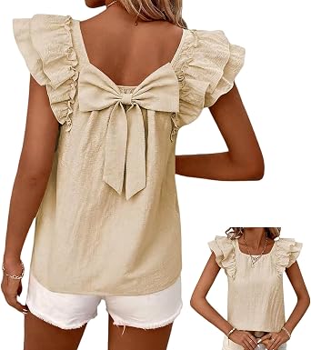 Womens Bow Tie Back Tops Round Neck Ruffle Short Sleeve Shirts Cute Babydoll Blouse Spring Summer Beach Tank Tops