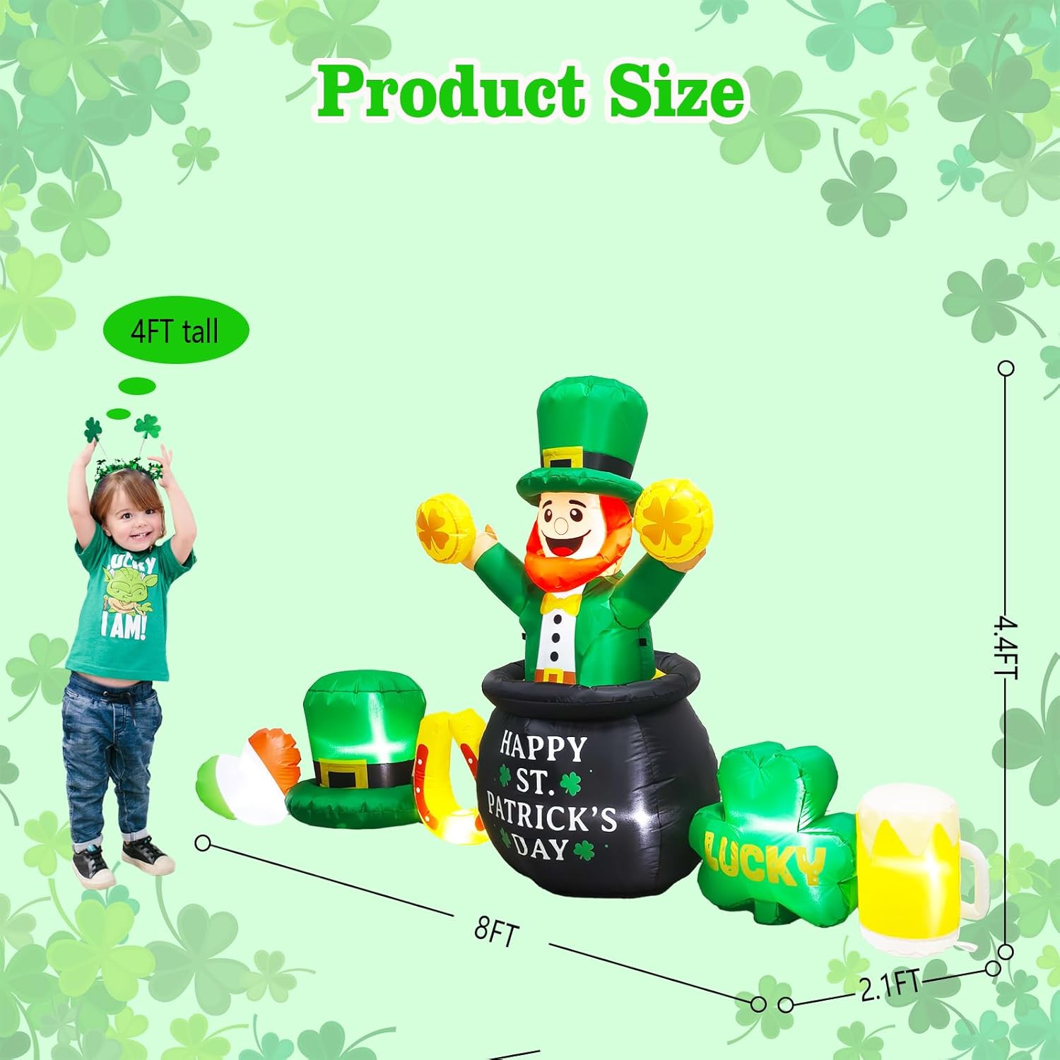 8FT Length St. Patricks Day Inflatables Leprechaun with Shamrock Hat & Clover & Beer Decoration, Blow up Leprechaun Inflatable Built-in Bright LED Lights for St Patrick Blow up Yard Decoration