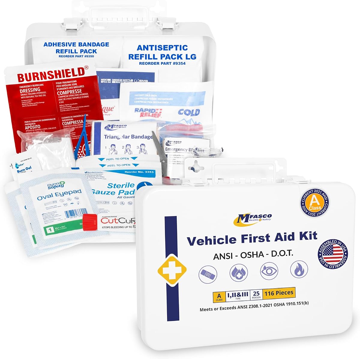 MFASCO Vehicle First Aid Kit - DOT/ANSI/OSHA Class A Compliant - Metal Box | First Aid Kits for Businesses, Construction, Commercial Vehicles, Workplaces | 115 Pcs | Portable & Mountable | Waterproof