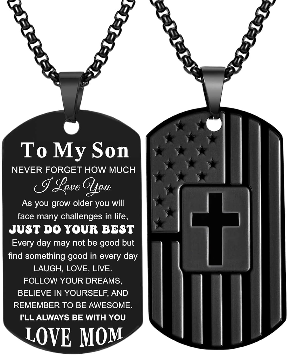 Coolvy To My Son Necklace from Mom Dad, Dog Tag Cross Necklace for Men, American Flag Birthday Christmas Gifts for Son in Law Grandson Daughter Granddaughter Family Jewelry