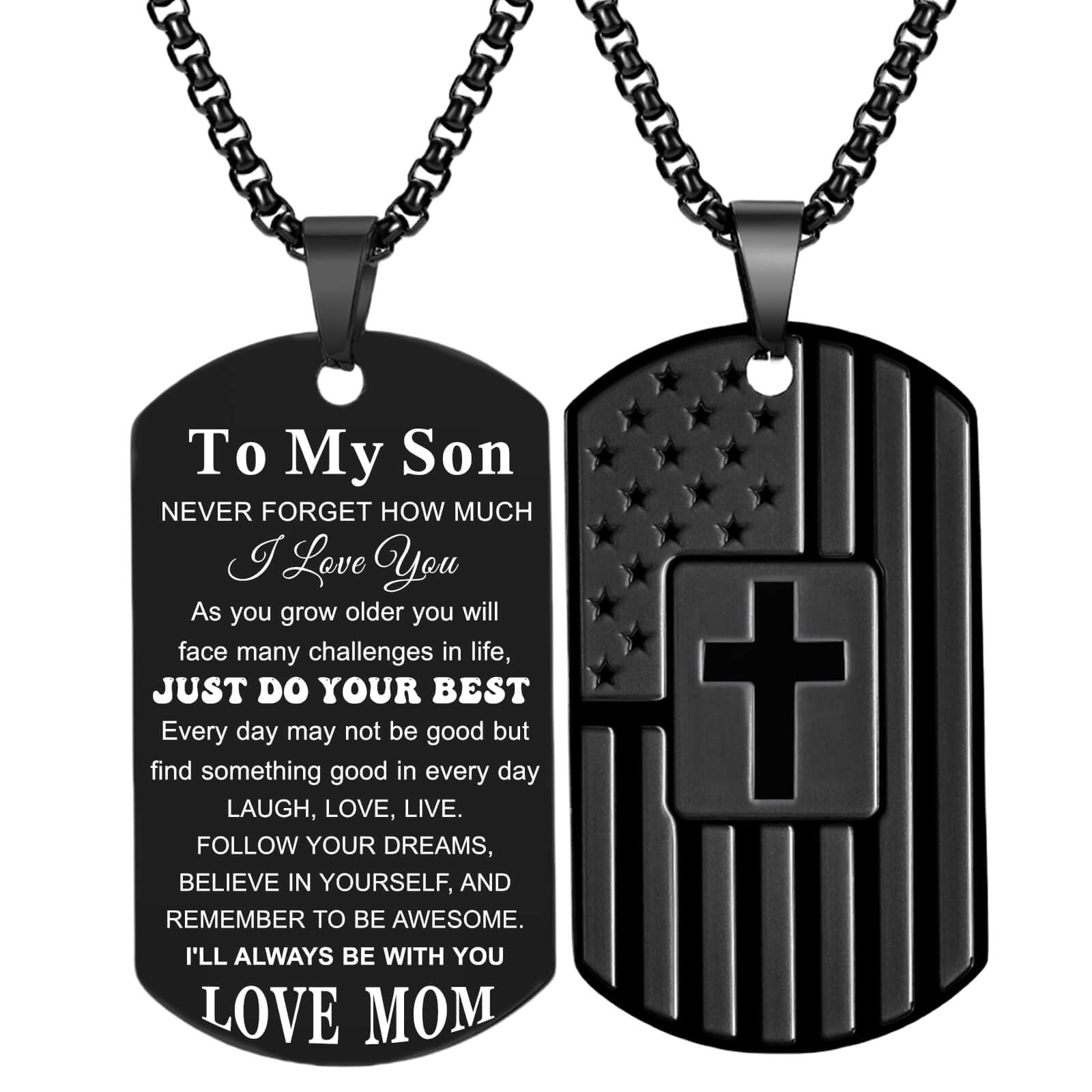 Coolvy To My Son Necklace from Mom Dad, Dog Tag Cross Necklace for Men, American Flag Birthday Christmas Gifts for Son in Law Grandson Daughter Granddaughter Family Jewelry