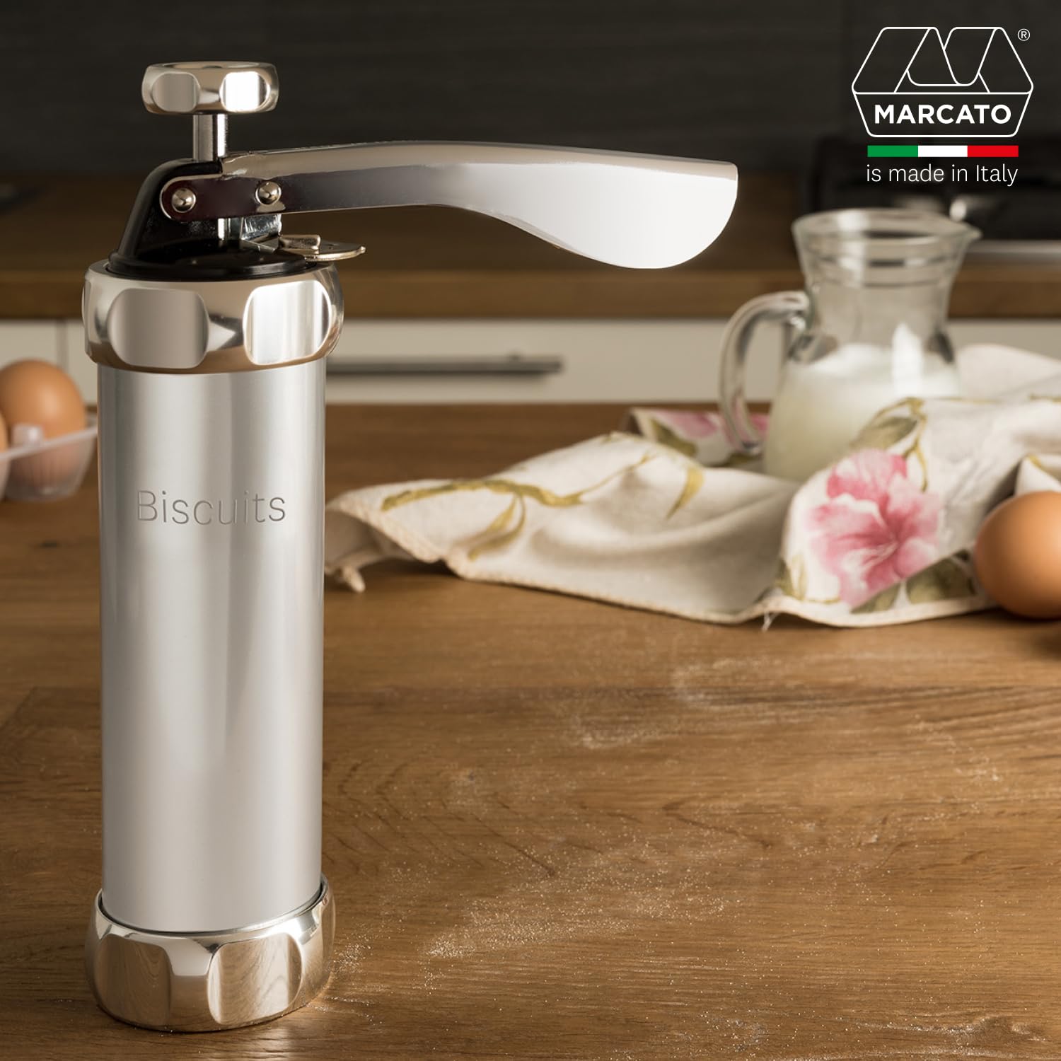 Plätzchen Zubereitungsset, Backzubehör, Plätzchenspritze + 20 Aufsätze + 1 Sternform + 1 Blumenform, Qualitätsmaterialien, Made in Italy