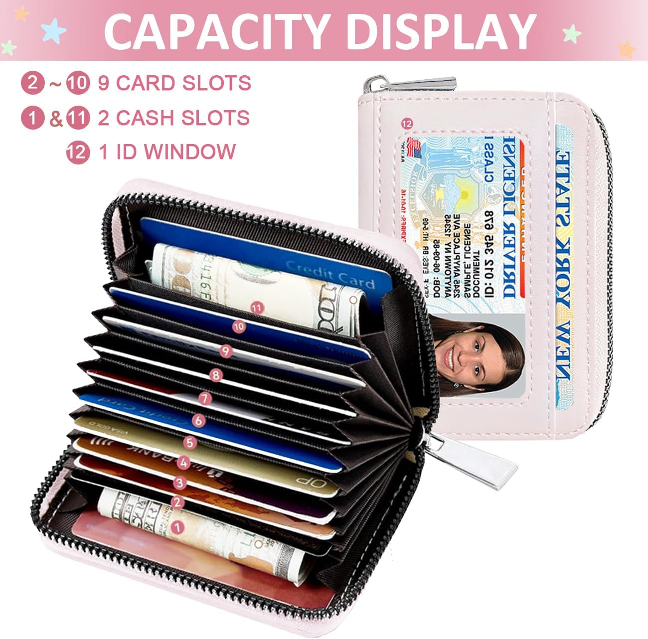 Cute Star Accordion Zipper Card Case for Women Girls(PINK) image 2