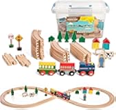Wooden Train Set 35 Piece All in One Wooden Toy Train Tracks Set with Magnetic Trains and Railway Accessories, Comes in A Clear Container, Compatible with All Major Brands