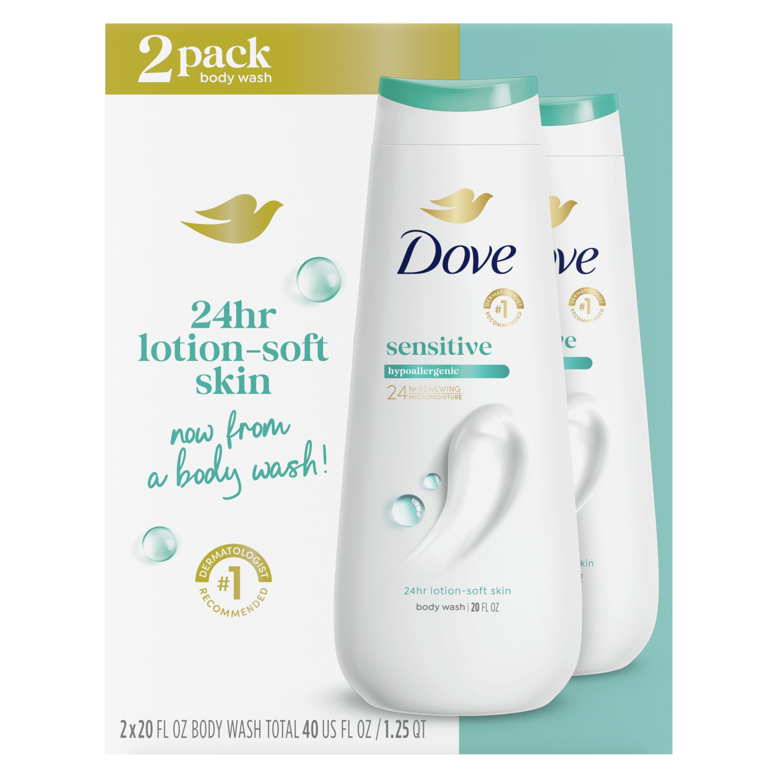 Dove Sensitive Skin Body Wash Hypoallergenic Gently Cleanses & Nourishes Skin Sensitive Skin Moisturizing and Sulfate Free 22 oz, 2 Count