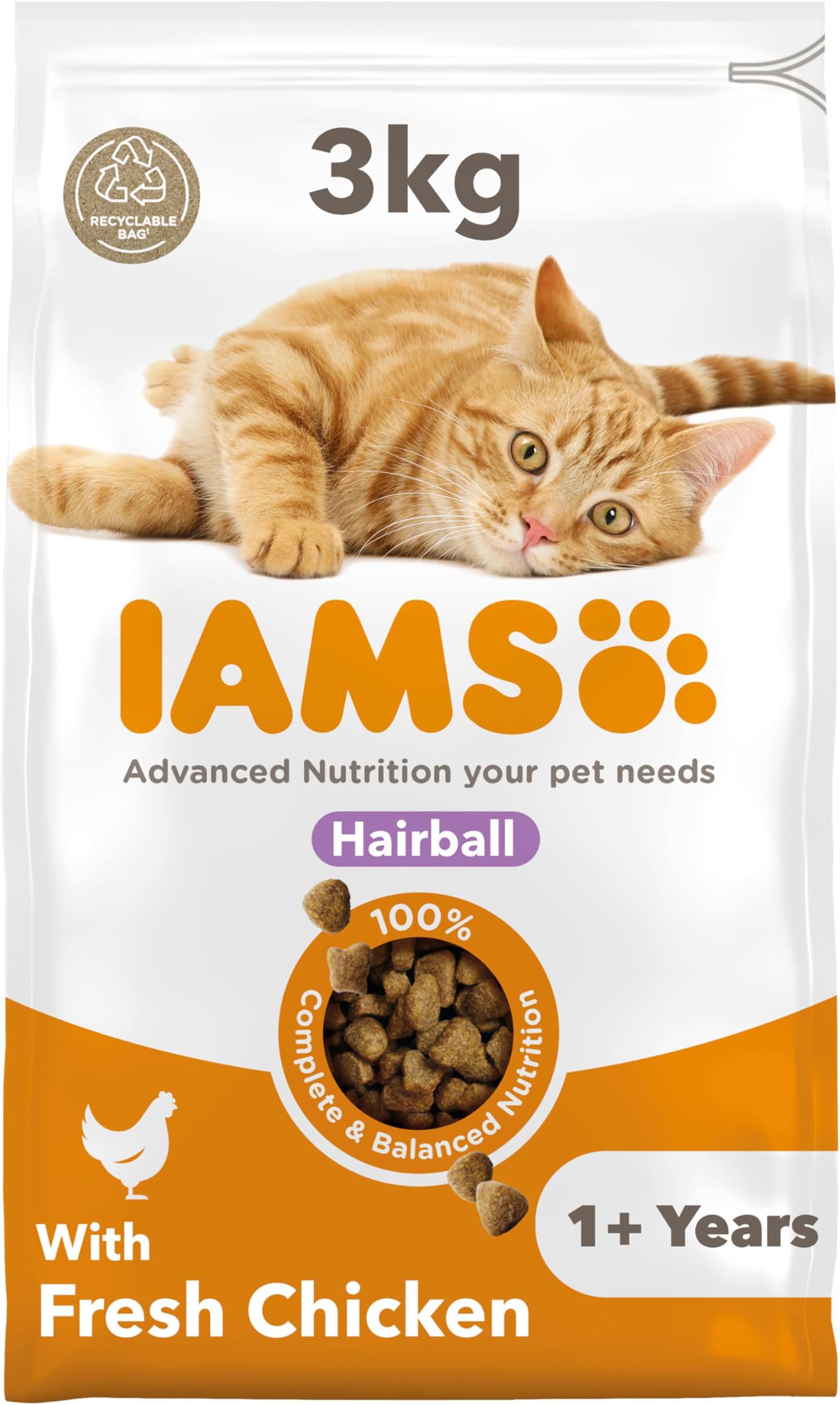 Hairball Complete Dry Cat Food Chicken 3kg - Significantly Reduces Hairball Formation