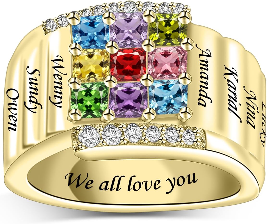 MissNaNa Personalized Mother Rings Birthstone Ring Customized Ring with 1-9 Name Rings Birthday Christmas Gift for Women