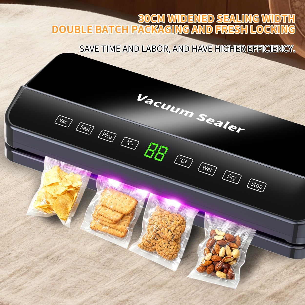 Vacuum Saver Food Sealer Machine Features 9-Temp Control And a Built-in Cutter,10 TexturedVacuumBags,120W,75KPa Vacuum System. Dry Moist Fresh Modes for All Saving Needs (Black)