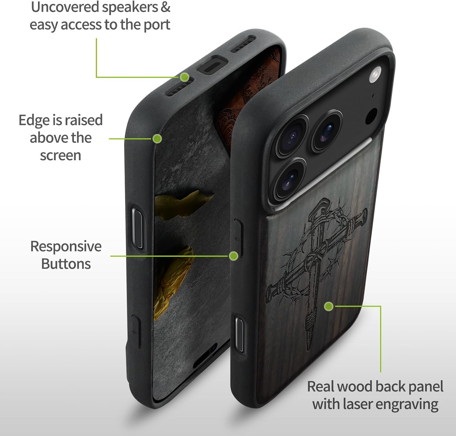 Carveit Magnetic Wooden Case for iPhone 17 Pro Case, Wood Artisan Engraved & Black Soft TPU Shockproof Cover, Compatible with MagSafe Wireless Chargers (Crucifix Nails) Blackwood
