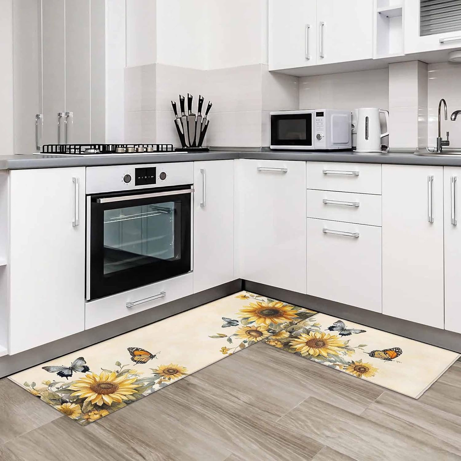 Kitchen Mats for Floor Spring Sunflower Butterfly Washable Non Slip Kitchen Rugs 2PCS, Retro Blossom Floral Plant Absorbent Standing Mats for Sink Bathroom Office Living Room 15.7x23.6in+15.7x47.2in