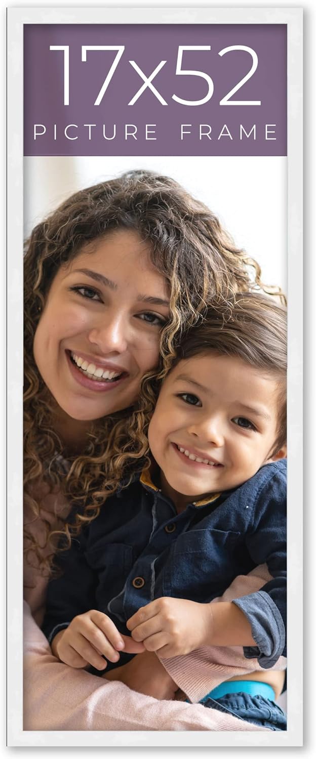 17x52 Frame White Real Wood Picture Frame Width 0.75 Inches | Interior Frame Depth 0.5 Inches | Bianca Mid Century Photo Frame Complete with UV Acrylic, Foam Board Backing & Hanging Hardware