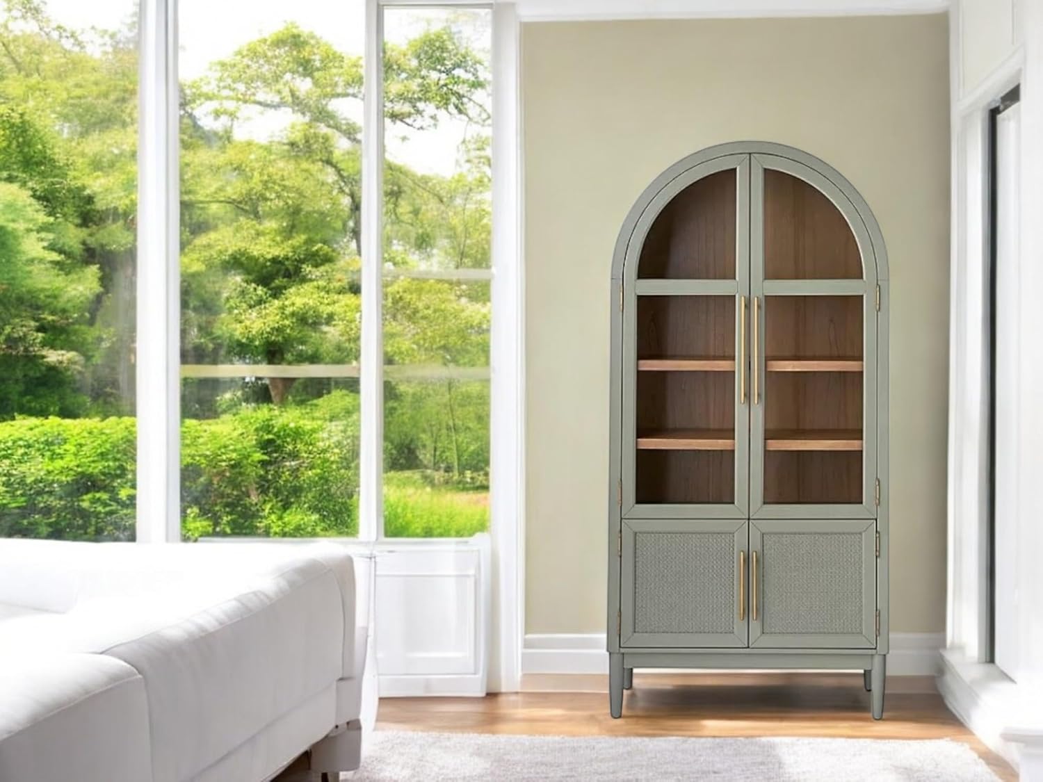 Durable Arched Cabinet with Rattan Doors and Tempered Glass Doors (Green)