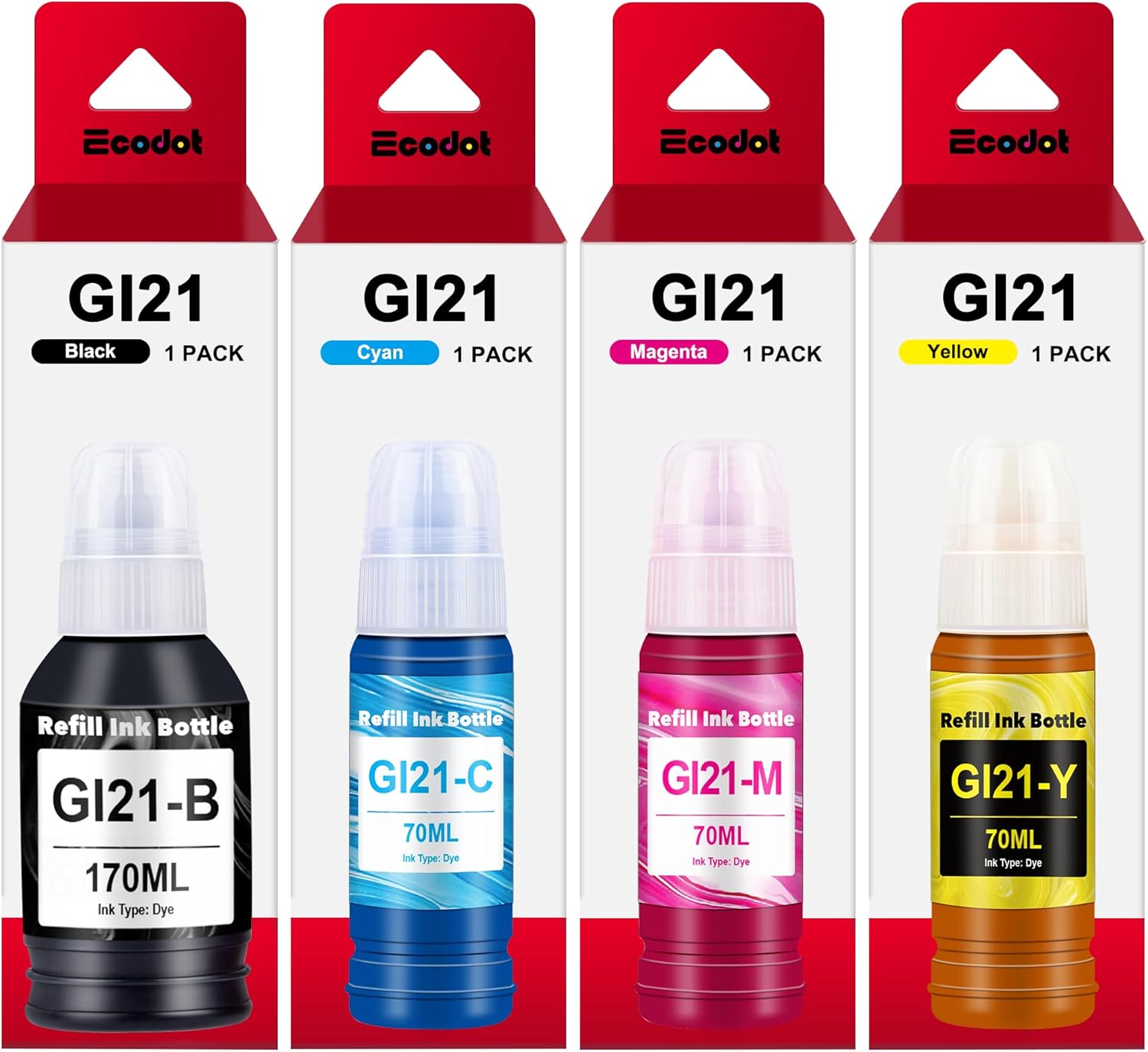 GI-21 G3260 G3270 Ink Bottles Compatible for Canon 21 GI-21 GI21 Ink Refill Bottles for Canon G3260 G3270 G4270 G2260 G1220 G1230 G2270 MegaTank Printers (Black, Cyan, Magenta, Yellow, 4 Pack)