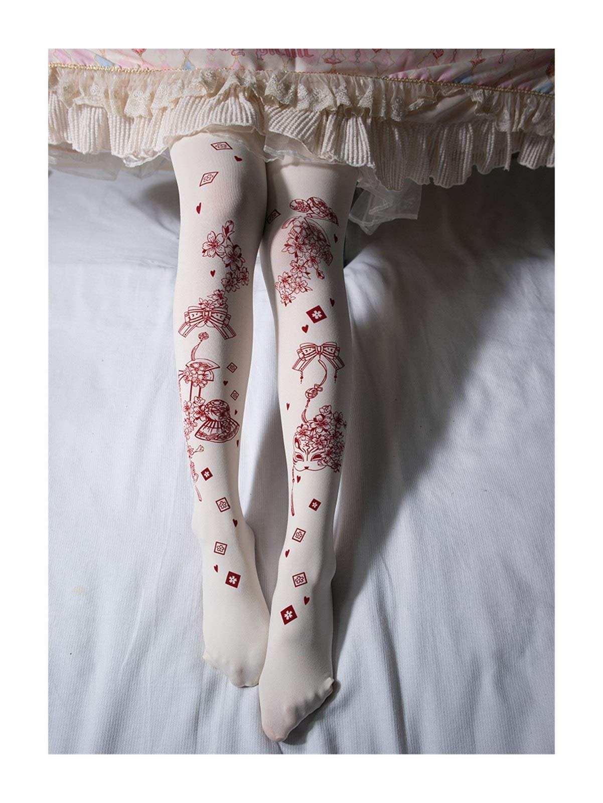 Lolita Und Wind Geschichte Gold-Socken Printed Body Strümpfe Mädchen-Gamaschen-Socken Warm (Color : Printed red, Size : One Size)
