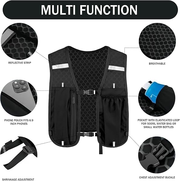 GWAWG léger Gilet de Course pour Hommes Femmes, Sacs à Dos réfléchissants réglables avec Porte-téléphone Poche à Fermeture éclaire, Coffre-Fort Pratique pour la randonnée Courir Marathon Cyclisme - 3