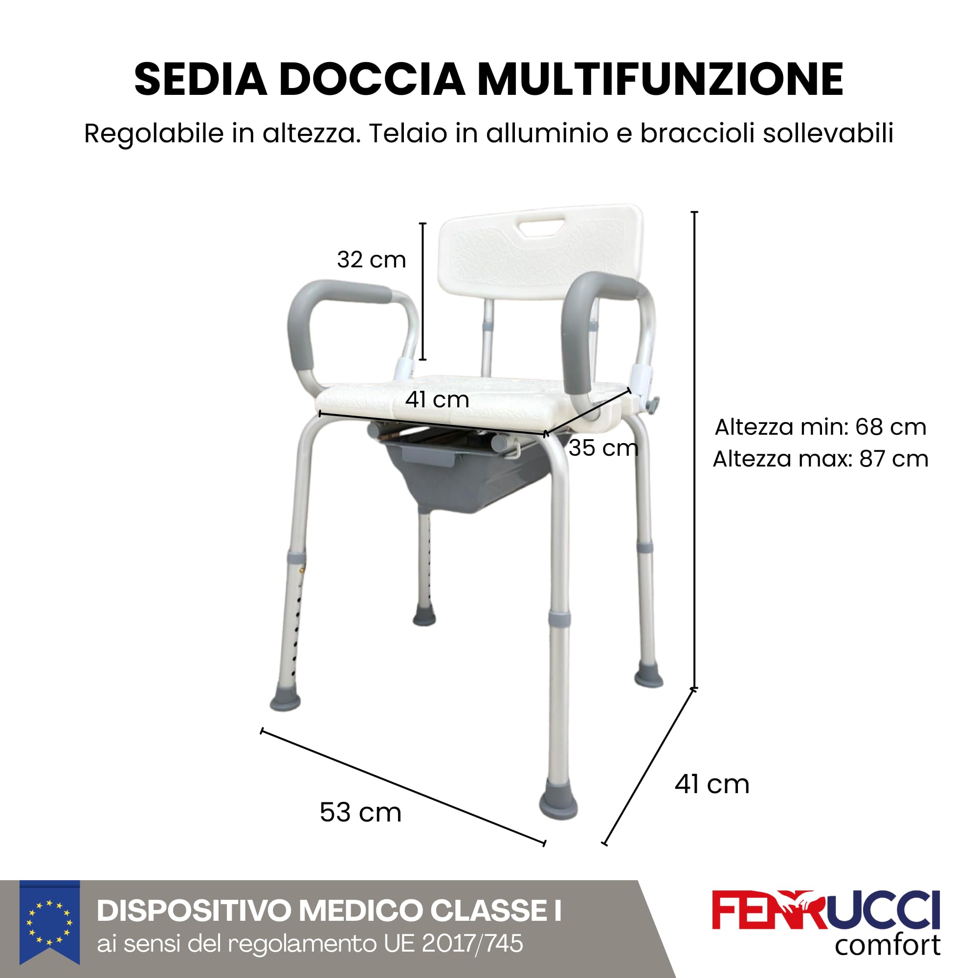 Sedia da Doccia e WC Comodo Multifunzione con Secchio - Regolabile in Altezza, in Alluminio, Braccioli sollevabili - per Anziani e Disabili - Dispositivo Medico Classe 1