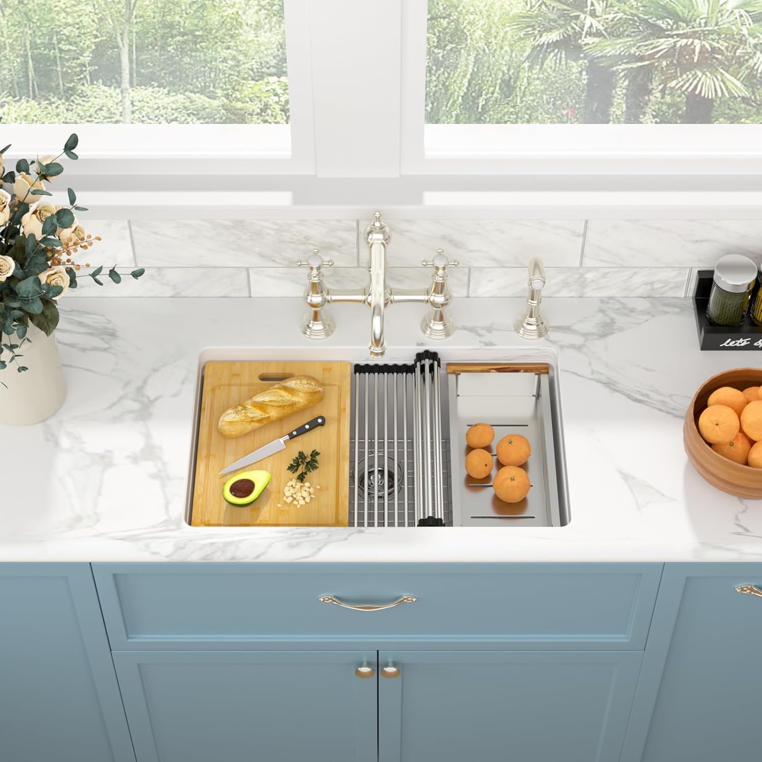 Sarlai 30 White Kitchen Sink Granite Composite - 30 x 19 inch Kitchen Sink Undermount White Granite Composite Quartz Single Bowl Under Counter Ledge Workstation Sinks Basin