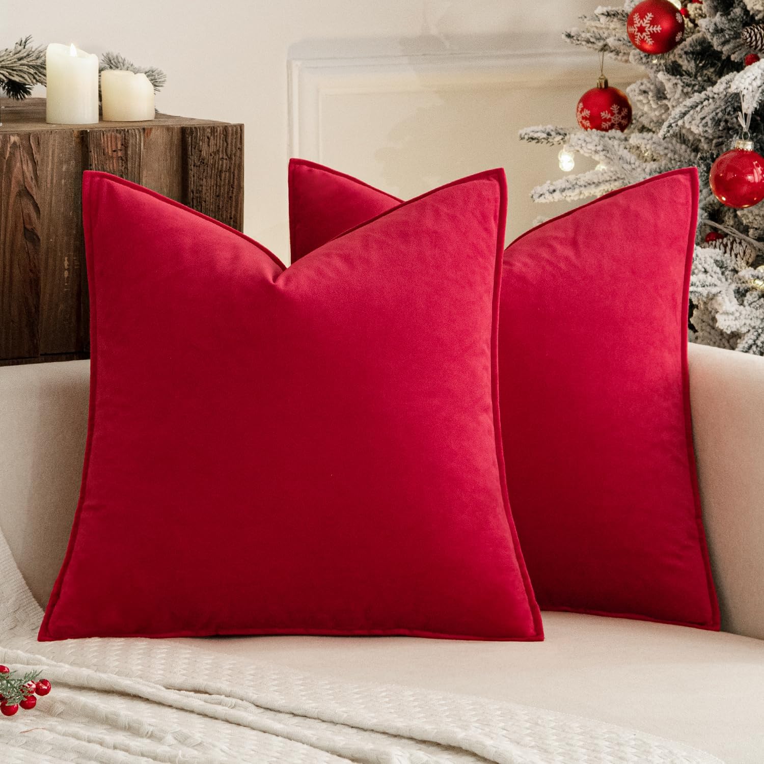 MIULEE Pack of 2 Christmas Decorative Velvet Throw Pillow Covers Soft Pillowcase Cozy Soft Square Cushion Covers Cases for Winter Sofa Couch Bedroom Home Decor 20x20 Inch Red 20" x 20" (Pack of 2) Red