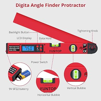 0-225/0.5 Digital Angle Finder 16 Aluminum Angle Measuring Tool with Horizontal&Vertical Bubbles Digital Protractor with LCD Display for Woodworking, Construction, Machinery