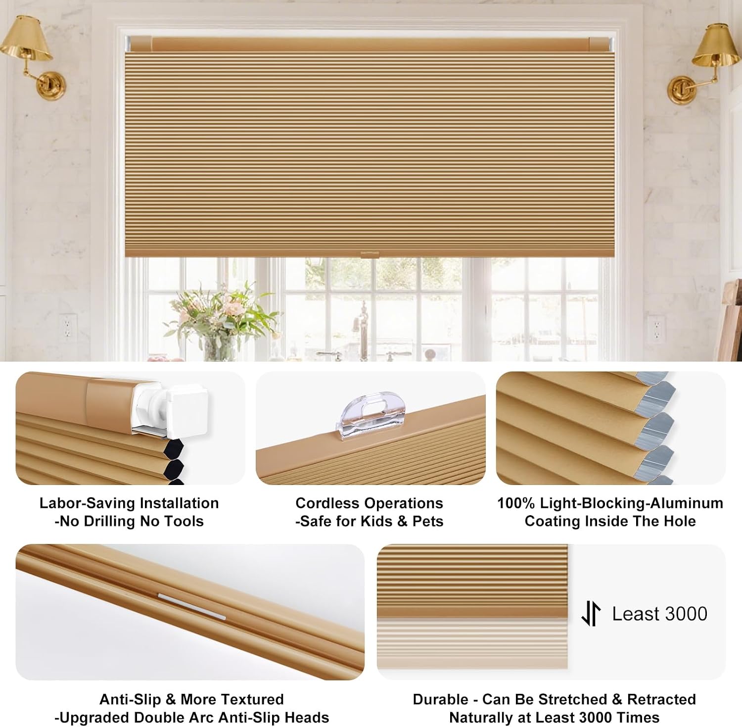 Shade&Beyond No Tools No Drill Window Blinds for Indoor Windows, 30" W X 34" H Camel Blackout Shades Cellular Shades Cordless, No Drill Blinds for Windows, Window Shades for Home, Bedrooms
